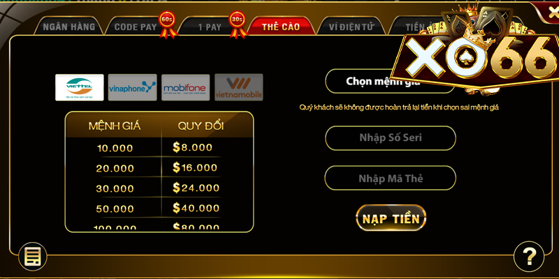 Hướng dẫn các bước nạp tiền Xo66 bằng thẻ cào điện thoại
